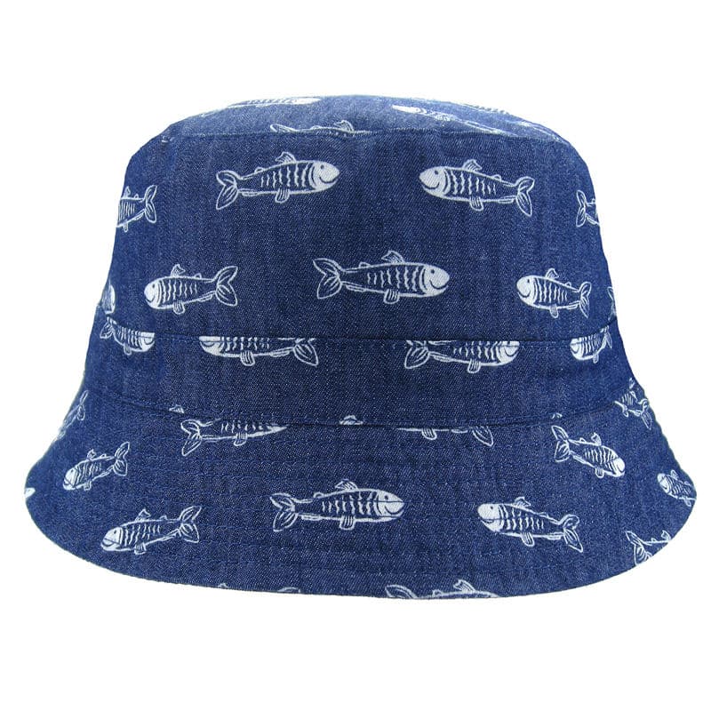 魚柄バケットハット（キッズ）｜デニム素材 × 通気性仕様・紐付き帽子 44-54 cm