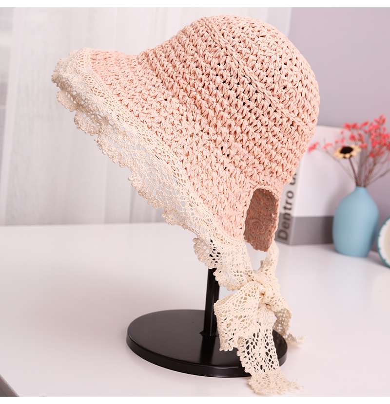 キッズ帽子 レース飾りフリル付き麦わら帽子