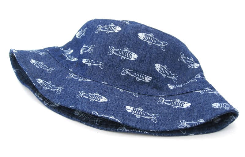 魚柄バケットハット（キッズ）｜デニム素材 × 通気性仕様・紐付き帽子 44-54 cm