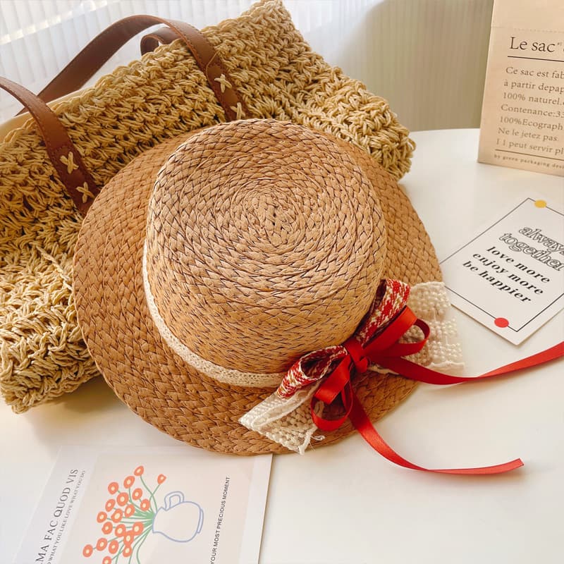 キッズ 帽子 リボン飾り付き夏のお姫様麦わら帽子｜天然素材＆通気性バツグン