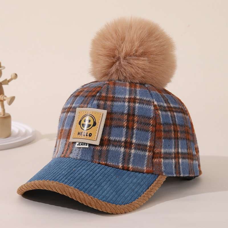 秋冬 チェック柄 キッズキャップ｜モコモコポンポン付き 防寒 子供 帽子 クマワッペン 男女兼用（46-52cm）