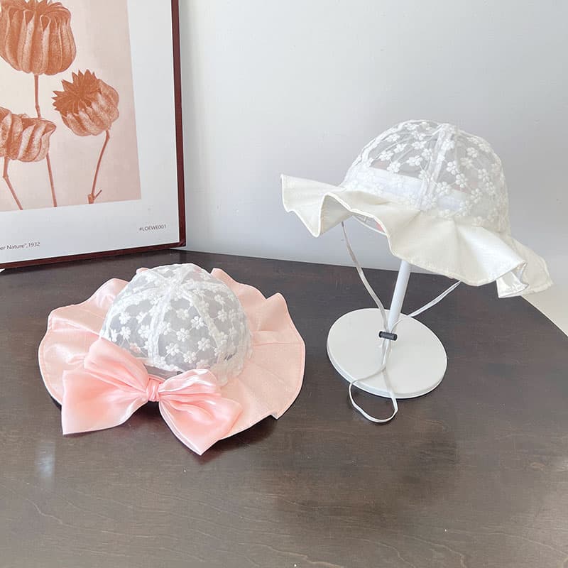 キッズ 帽子 お花レース＆フリルリボンバケットハット｜夏用 日よけ＆通気性 子ども用 帽子 