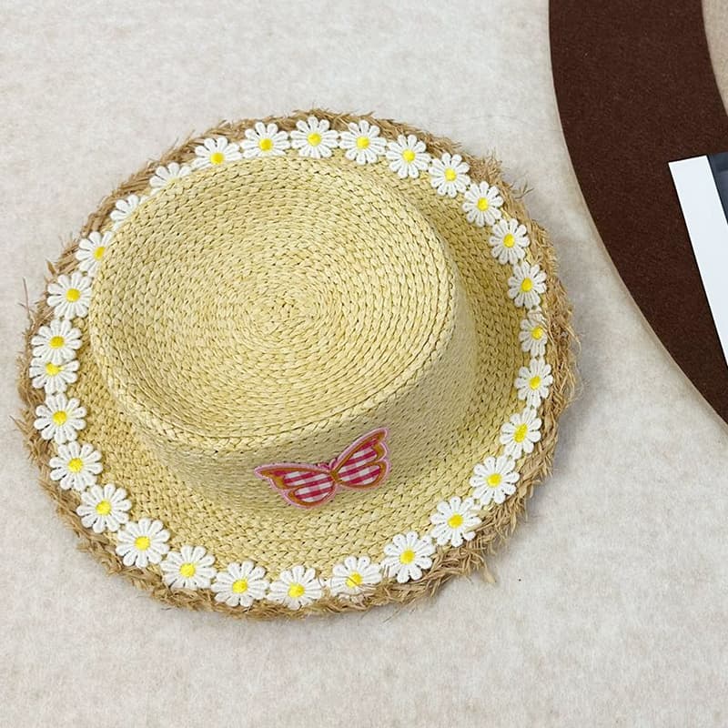 キッズ 帽子 ちょうちょ飾り付き子ども用麦わら帽子｜チェック柄＆フリンジ縁取りで夏のお出かけに