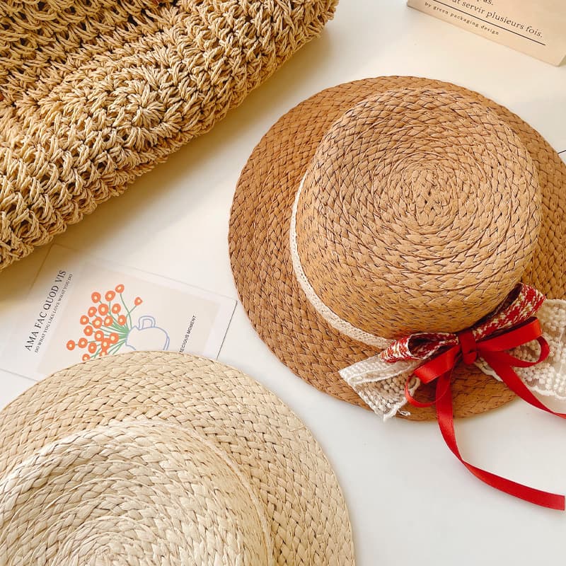 キッズ 帽子 リボン飾り付き夏のお姫様麦わら帽子｜天然素材＆通気性バツグン