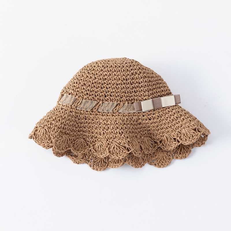 キッズ 帽子 優しい波形ブリム 手編み麦わら帽子｜波型つば＆リボン付き
