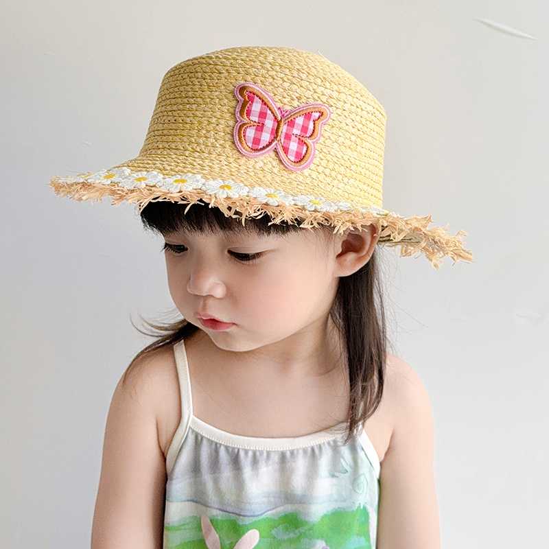キッズ 帽子 ちょうちょ飾り付き子ども用麦わら帽子｜チェック柄＆フリンジ縁取りで夏のお出かけに