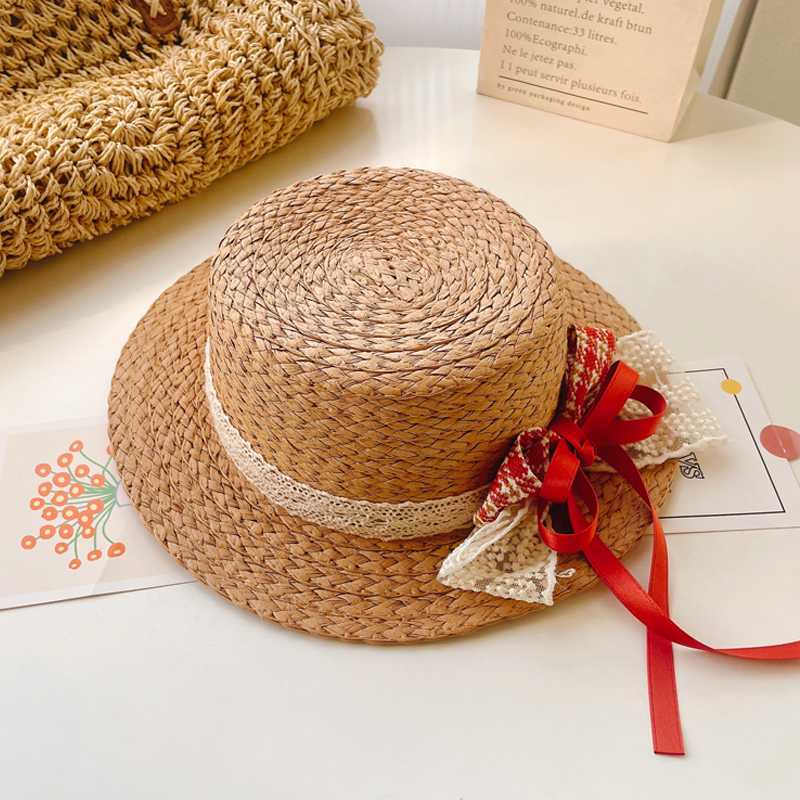 キッズ 帽子 リボン飾り付き夏のお姫様麦わら帽子｜天然素材＆通気性バツグン