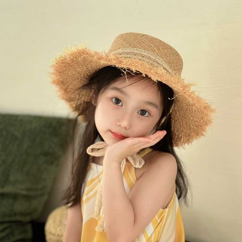 キッズ帽子 夏が始まった合図がした！ フリンジリボン 子ども用麦わら帽子