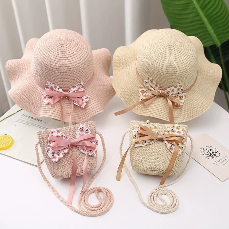 キッズ／親子 帽子 ふんわりリボン付き親子麦わら帽子セット｜花柄リボン＆ミニバッグ付き