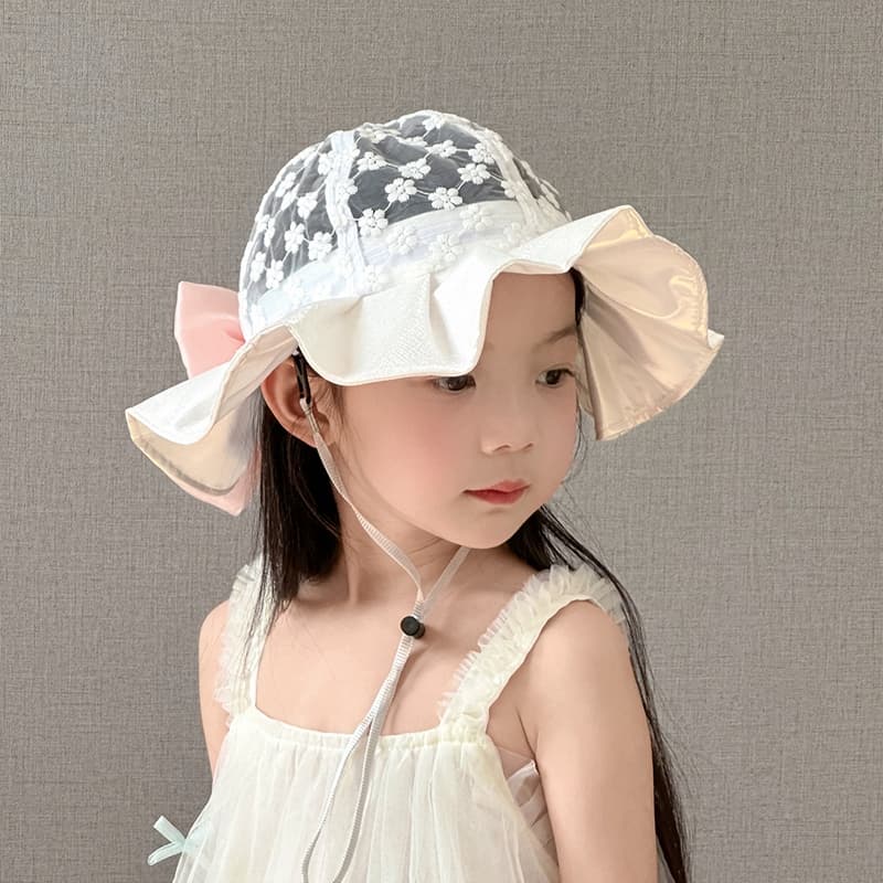 キッズ 帽子 お花レース＆フリルリボンバケットハット｜夏用 日よけ＆通気性 子ども用 帽子 