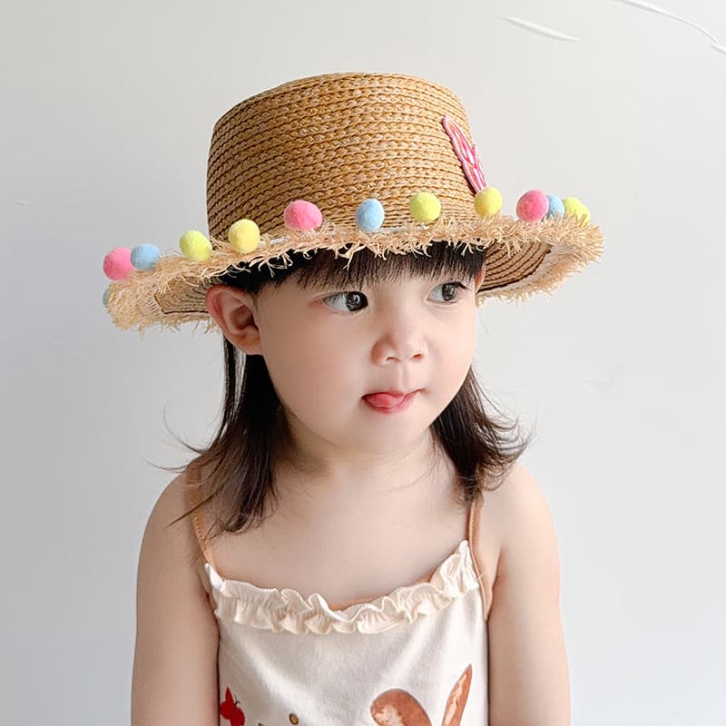 キッズ 帽子 ちょうちょ飾り付き子ども用麦わら帽子｜チェック柄＆フリンジ縁取りで夏のお出かけに