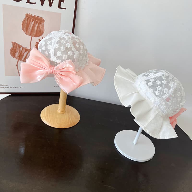 キッズ 帽子 お花レース＆フリルリボンバケットハット｜夏用 日よけ＆通気性 子ども用 帽子 