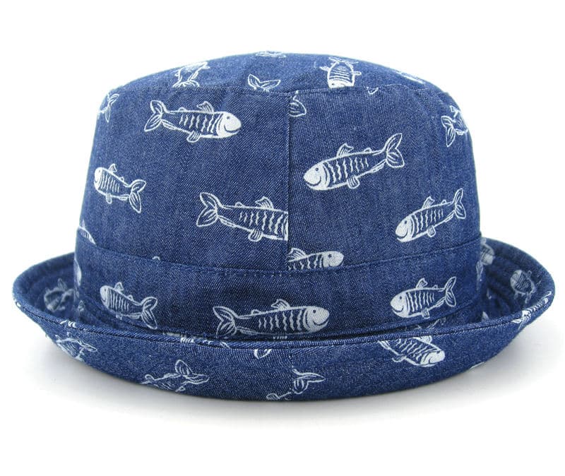 魚柄バケットハット（キッズ）｜デニム素材 × 通気性仕様・紐付き帽子 44-54 cm