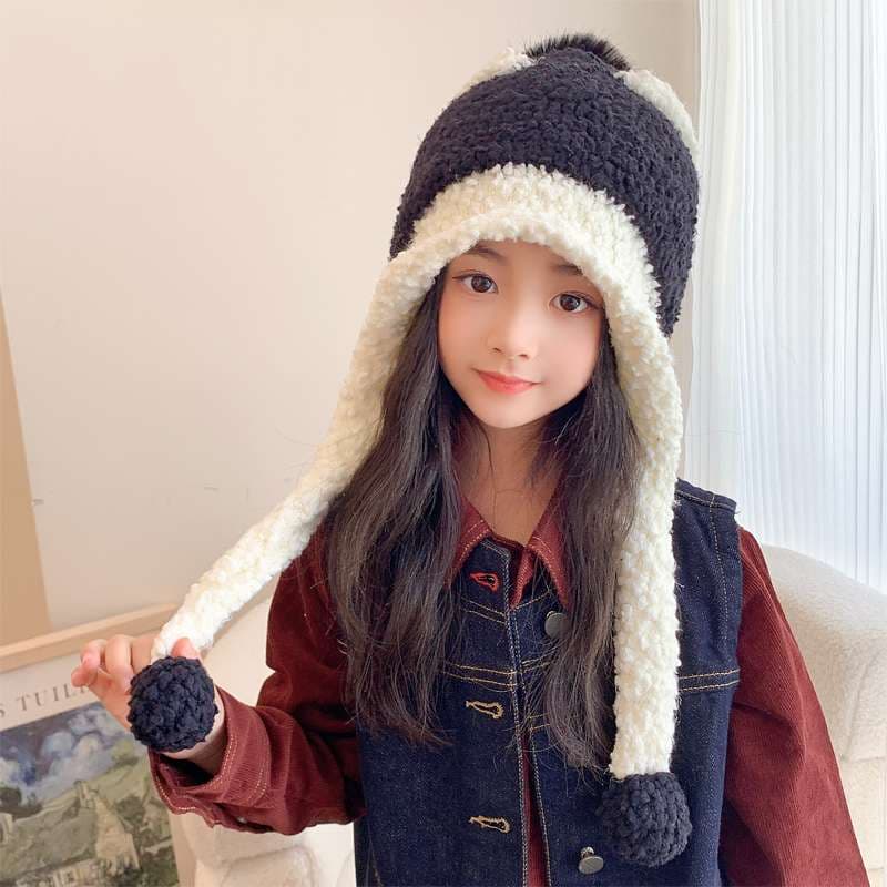 キッズ帽子 長い耳当てがチャームポイント ふわもこニット帽子