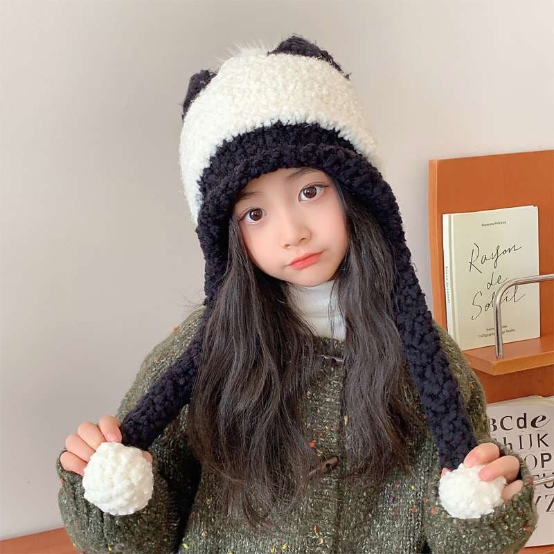 キッズ帽子 長い耳当てがチャームポイント ふわもこニット帽子