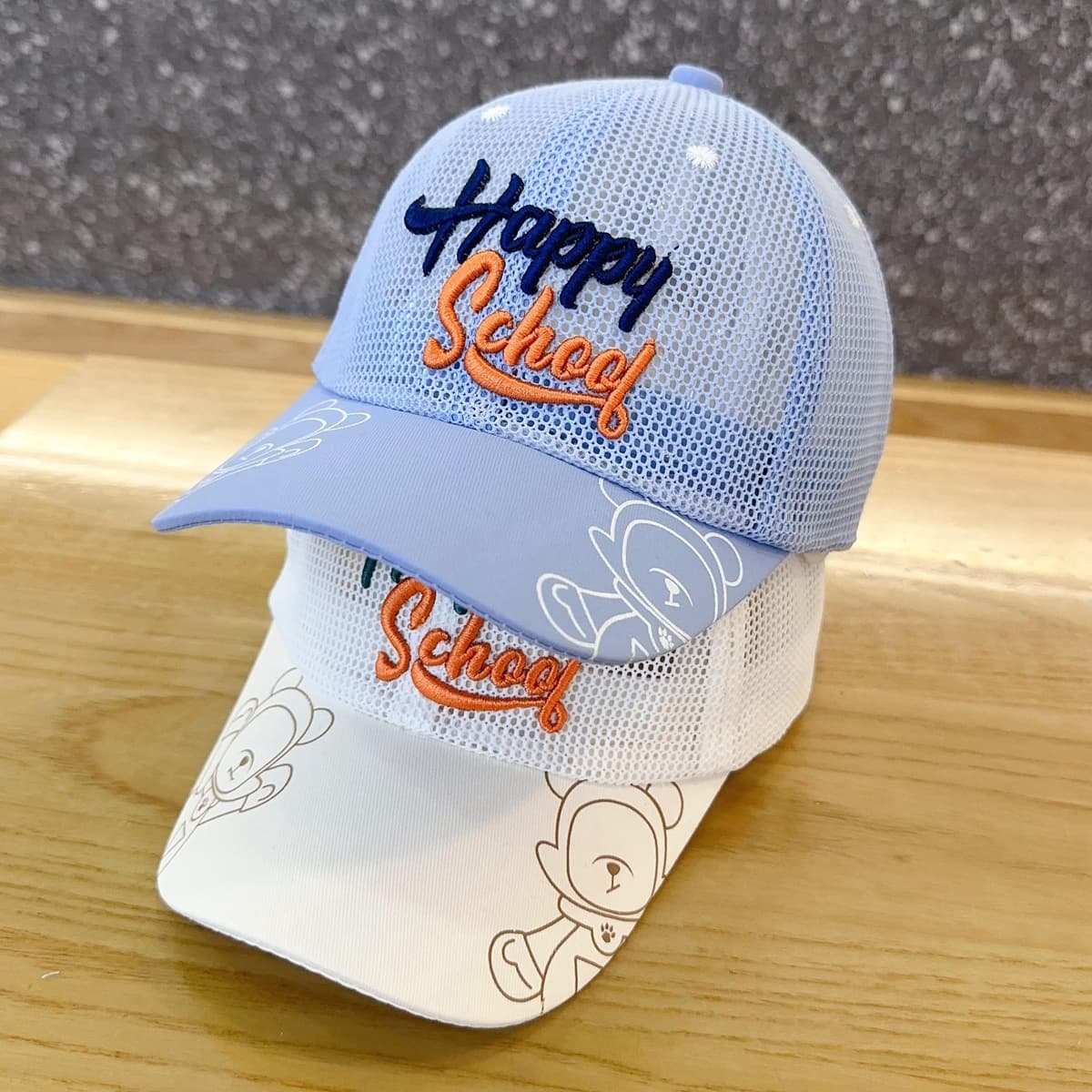 Happy school メッシュキャップ キッズ｜通気性 + 刺繍ロゴ入り 通学・外遊び用 （3-12歳）