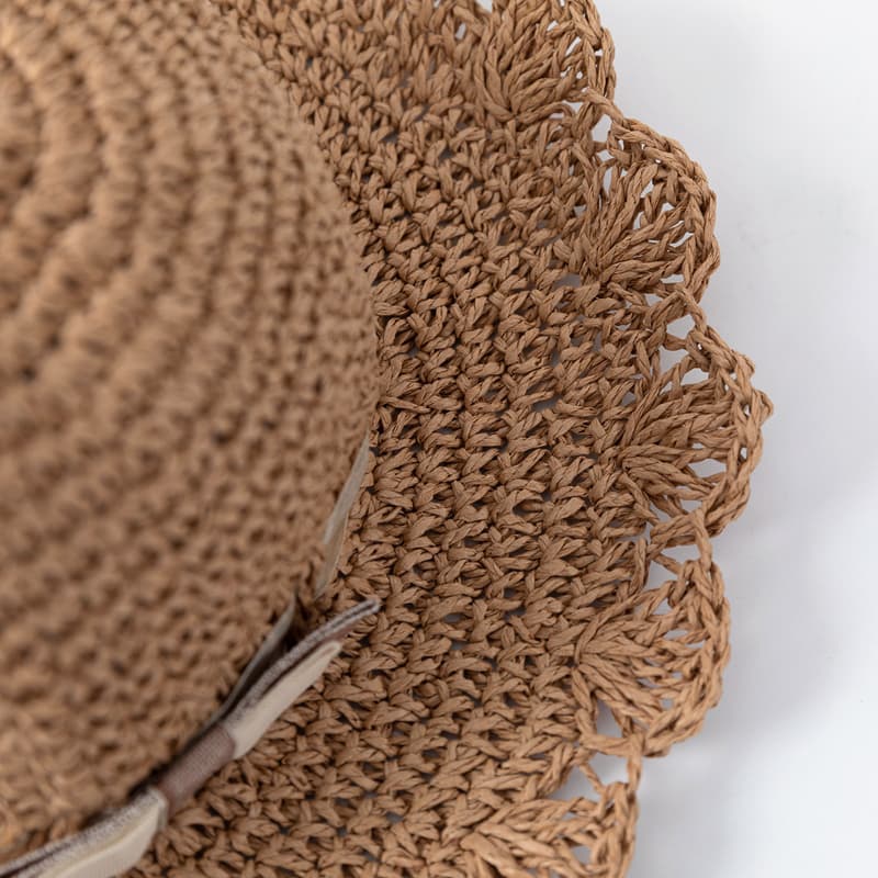 キッズ 帽子 優しい波形ブリム 手編み麦わら帽子｜波型つば＆リボン付き