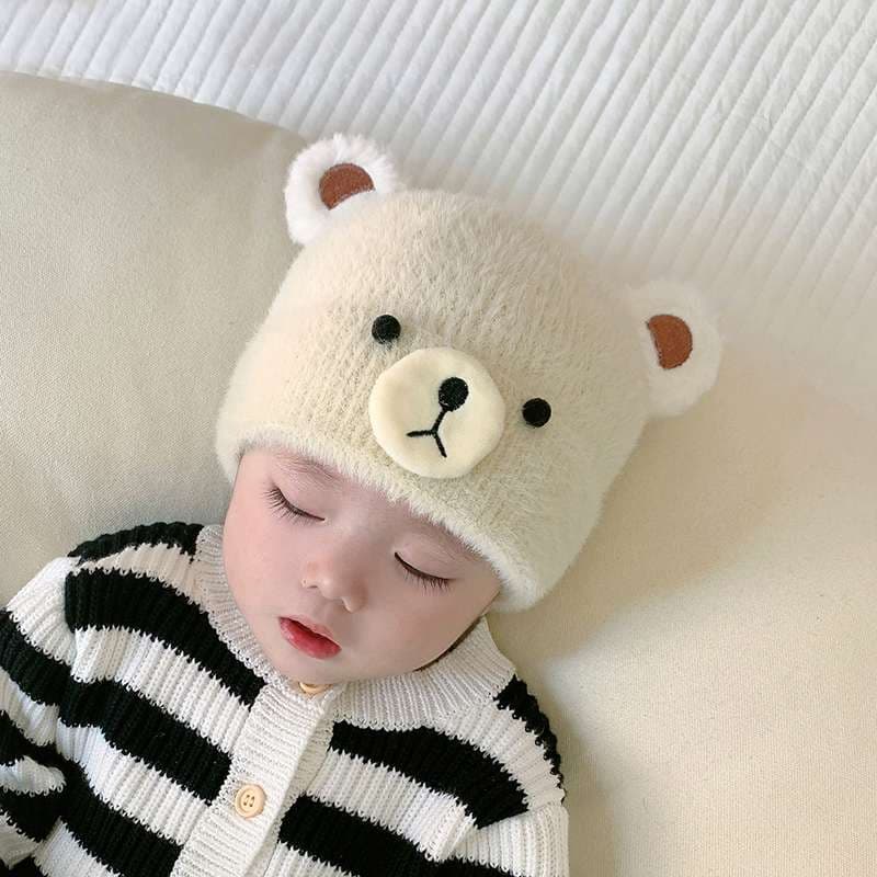 キッズ帽子 もこもこくまさん耳付きベビーニット帽｜40-47cm／-3〜18か月