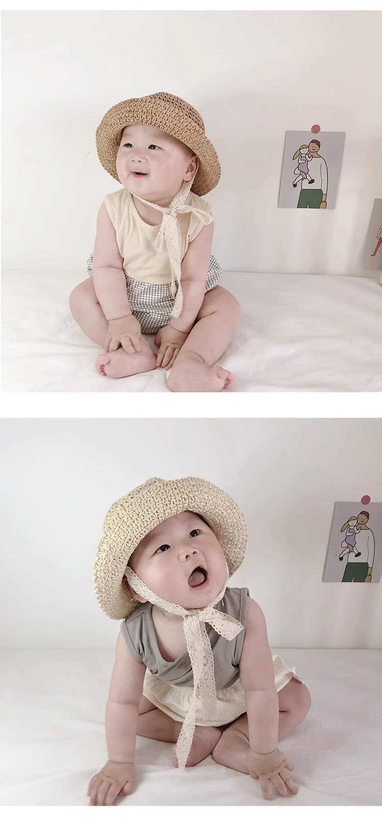 キッズ帽子 ストローハット 赤ちゃん用 あごひも付き 帽子