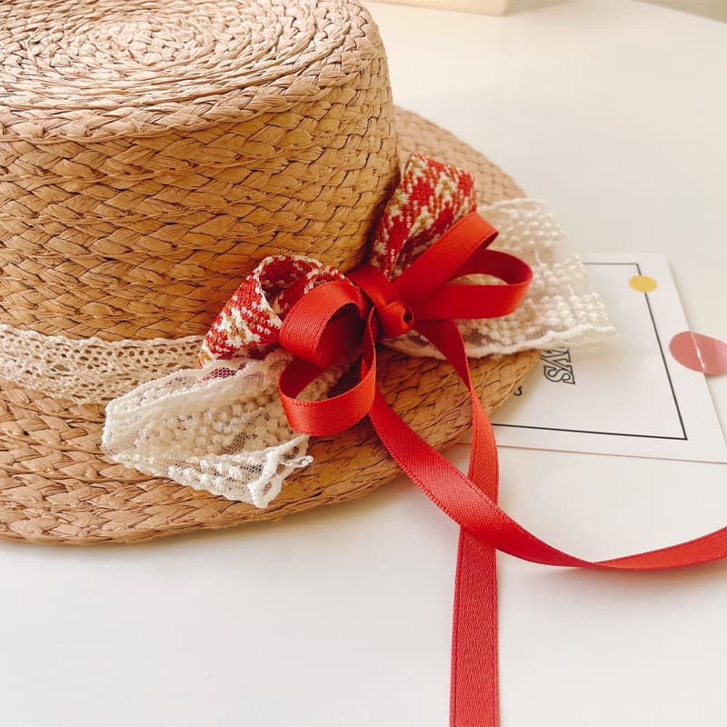 キッズ 帽子 リボン飾り付き夏のお姫様麦わら帽子｜天然素材＆通気性バツグン