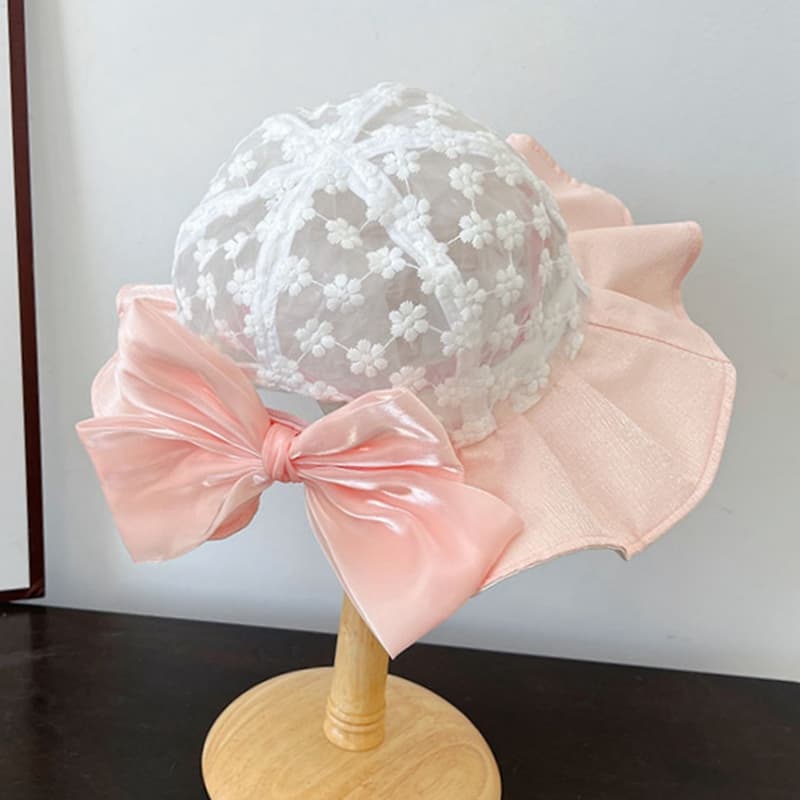 キッズ 帽子 お花レース＆フリルリボンバケットハット｜夏用 日よけ＆通気性 子ども用 帽子 