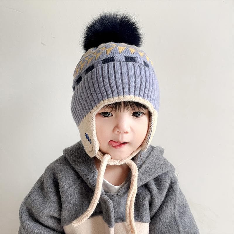 キッズ帽子 もこもこポンポン付き耳あて帽子