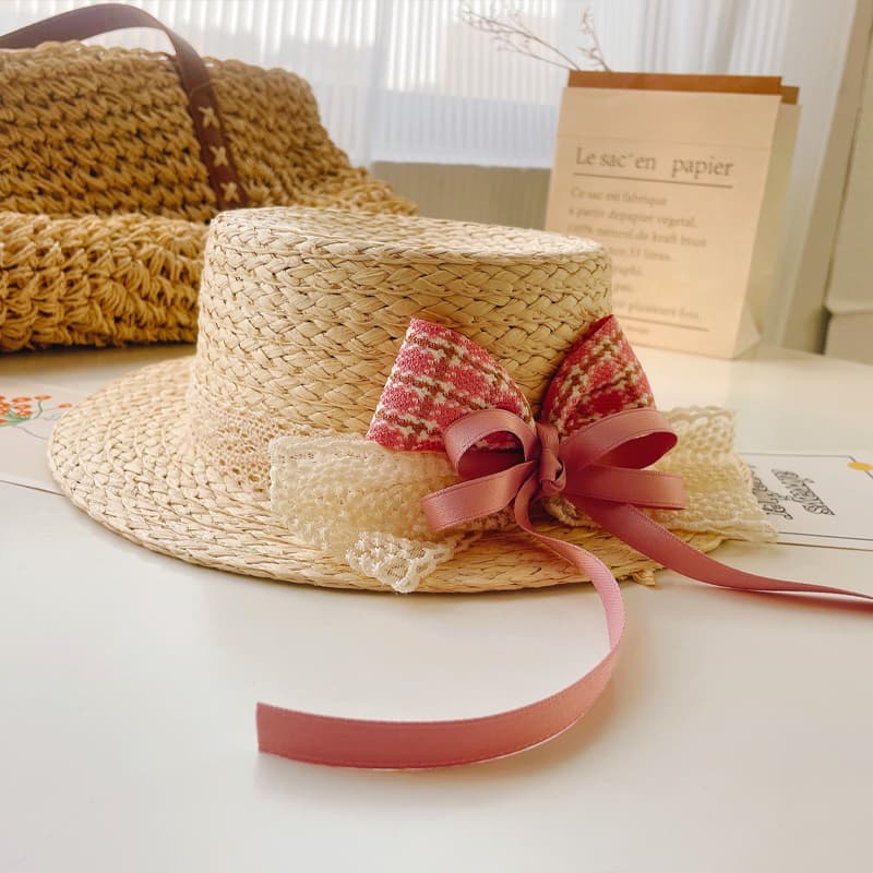 キッズ 帽子 リボン飾り付き夏のお姫様麦わら帽子｜天然素材＆通気性バツグン