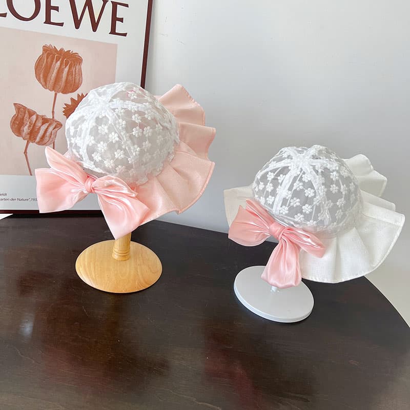 キッズ 帽子 お花レース＆フリルリボンバケットハット｜夏用 日よけ＆通気性 子ども用 帽子 