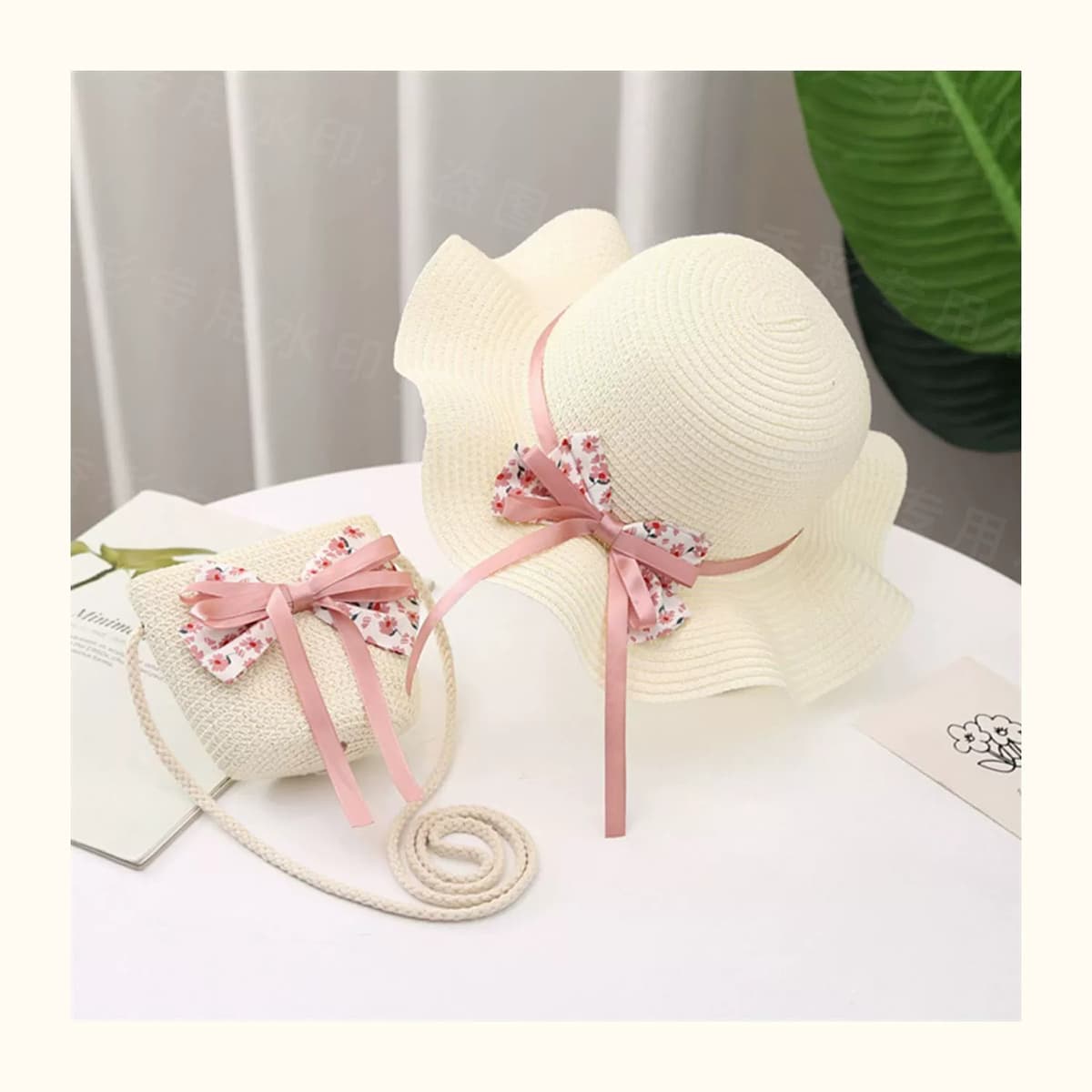 キッズ／親子 帽子 ふんわりリボン付き親子麦わら帽子セット｜花柄リボン＆ミニバッグ付き