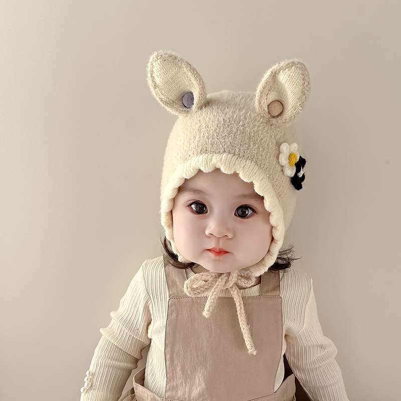 キッズ帽子  うさ耳フラワーモチーフベビーニット帽