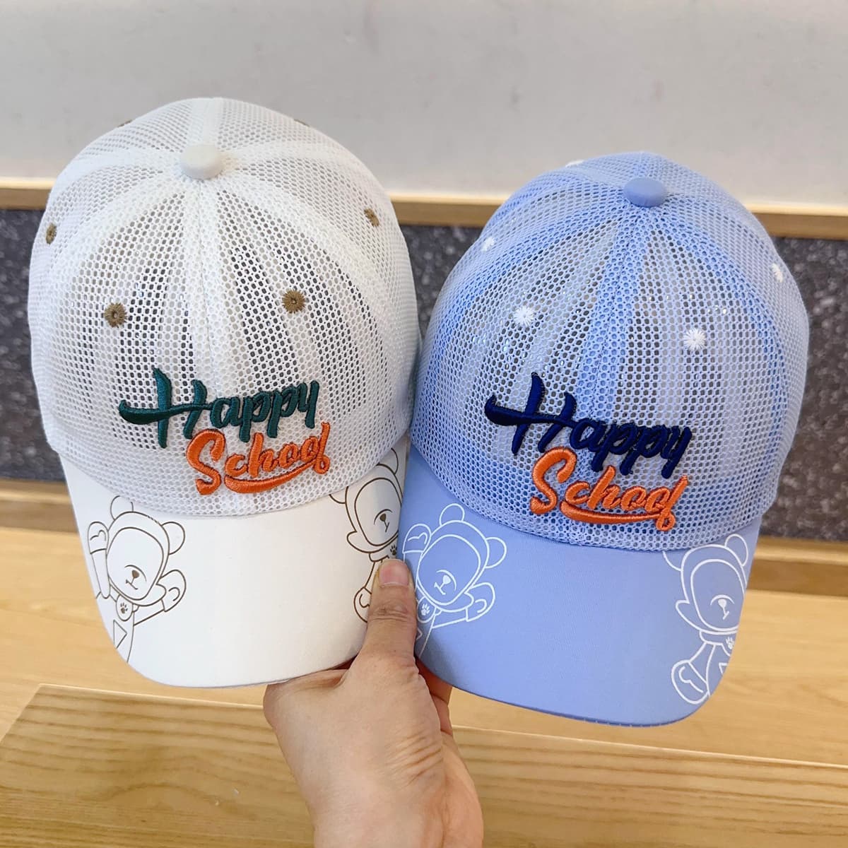 Happy school メッシュキャップ キッズ｜通気性 + 刺繍ロゴ入り 通学・外遊び用 （3-12歳）