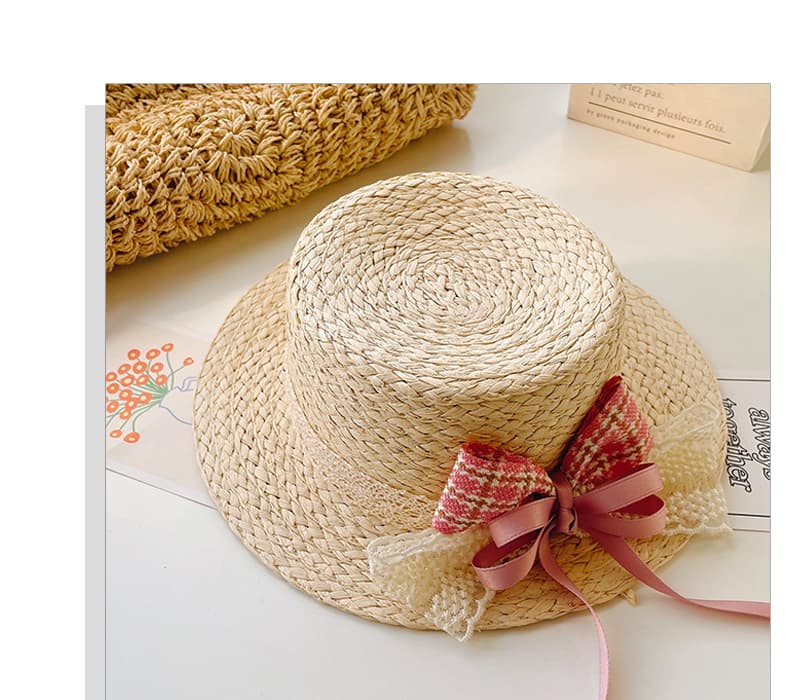 キッズ 帽子 リボン飾り付き夏のお姫様麦わら帽子｜天然素材＆通気性バツグン