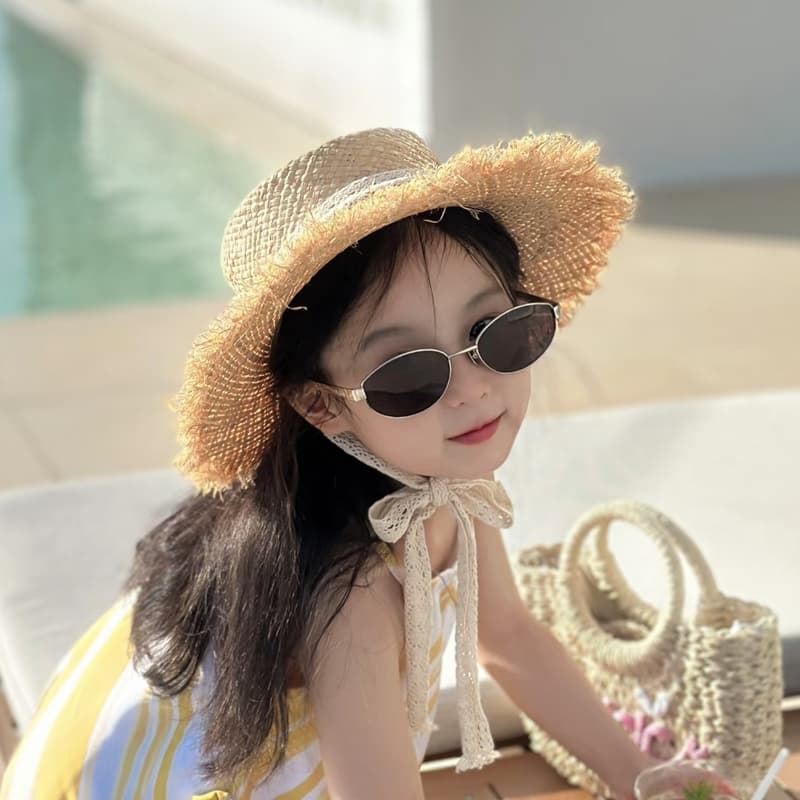 キッズ帽子 夏が始まった合図がした！ フリンジリボン 子ども用麦わら帽子