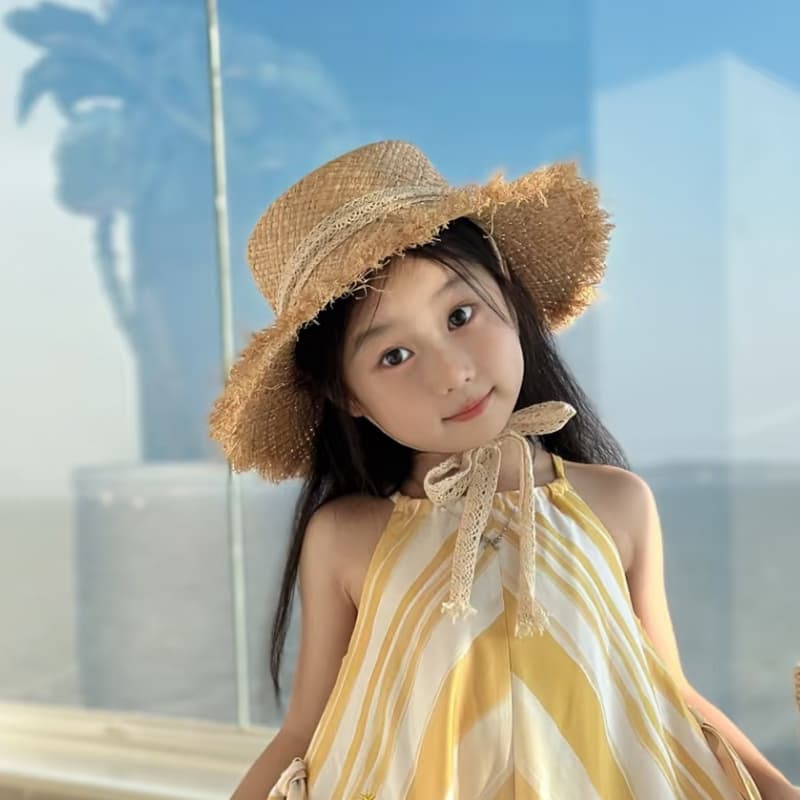 キッズ帽子 夏が始まった合図がした！ フリンジリボン 子ども用麦わら帽子