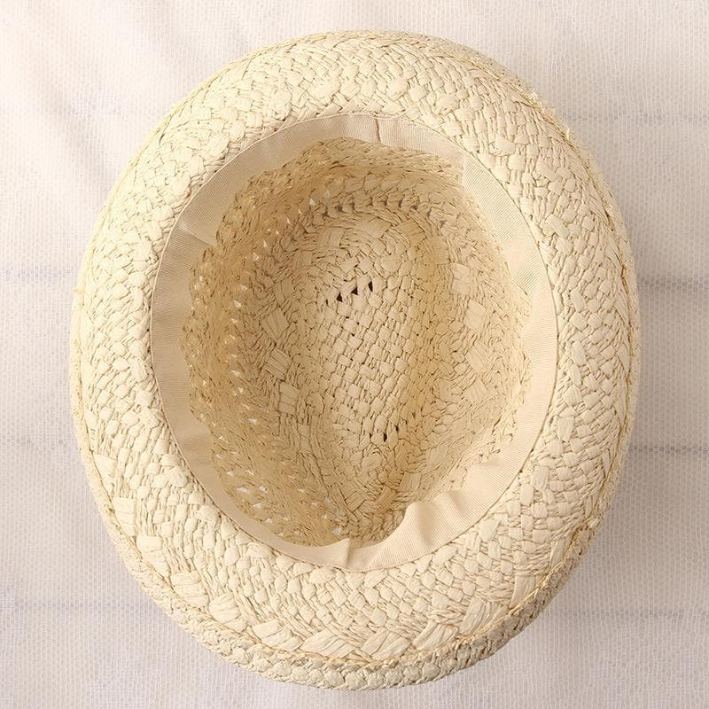 キッズ 帽子 ナチュラル風フェドラハット｜編み込み麦わら素材＆ストライプリボン