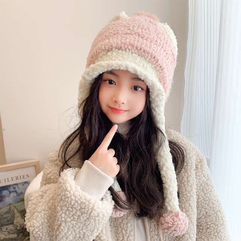 キッズ帽子 長い耳当てがチャームポイント ふわもこニット帽子