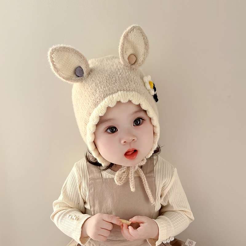 キッズ帽子  うさ耳フラワーモチーフベビーニット帽