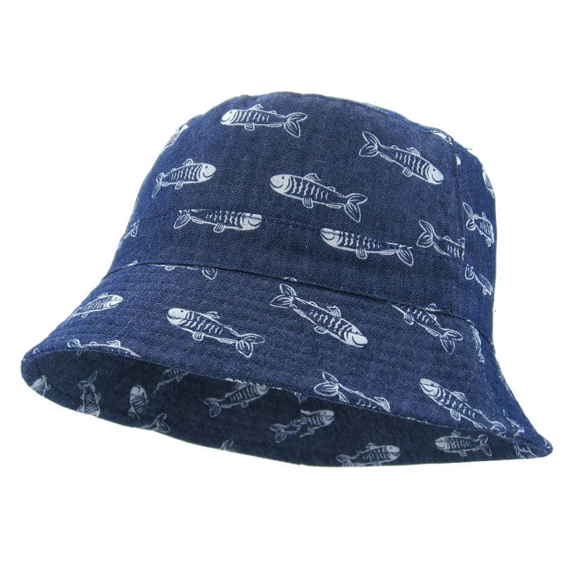 魚柄バケットハット（キッズ）｜デニム素材 × 通気性仕様・紐付き帽子 44-54 cm