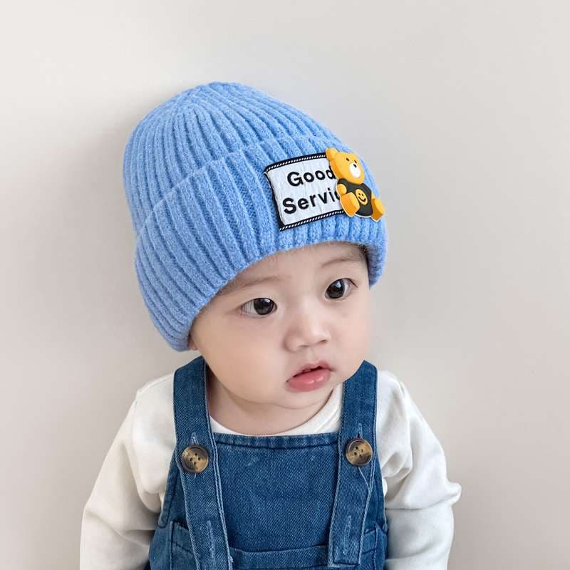 キッズ帽子 おしゃれクマさん付きベビーニット帽子