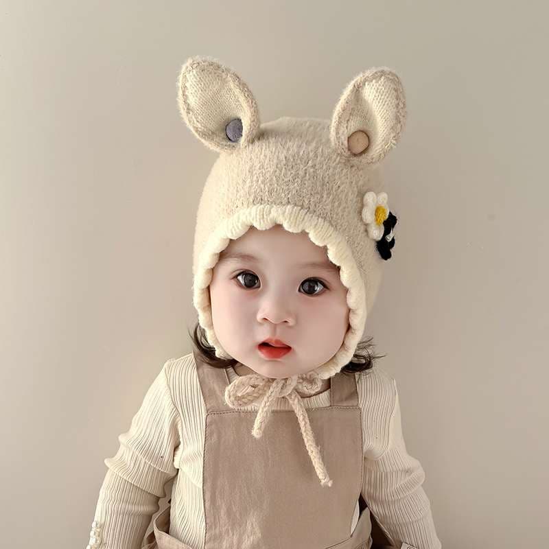 キッズ帽子  うさ耳フラワーモチーフベビーニット帽
