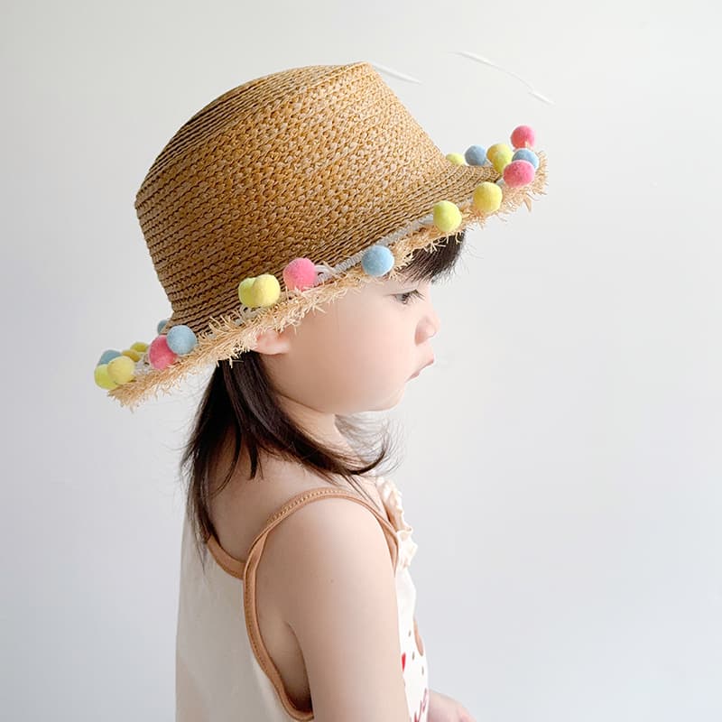 キッズ 帽子 ちょうちょ飾り付き子ども用麦わら帽子｜チェック柄＆フリンジ縁取りで夏のお出かけに