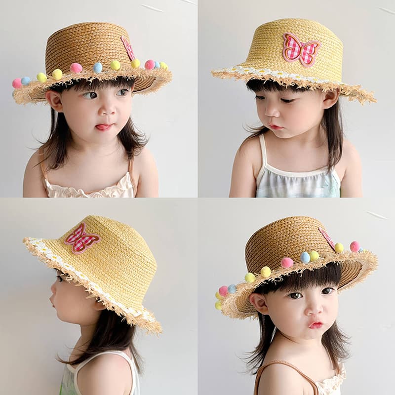 キッズ 帽子 ちょうちょ飾り付き子ども用麦わら帽子｜チェック柄＆フリンジ縁取りで夏のお出かけに