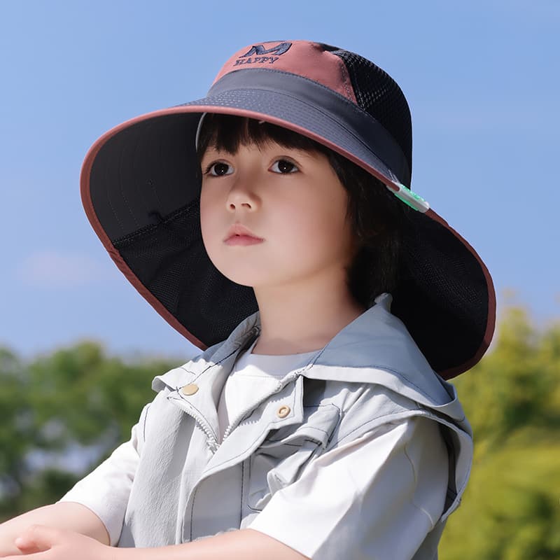 メッシュ付き日よけバケットハット（キッズ）｜広いつば・ネックカバー付きでしっかりガード