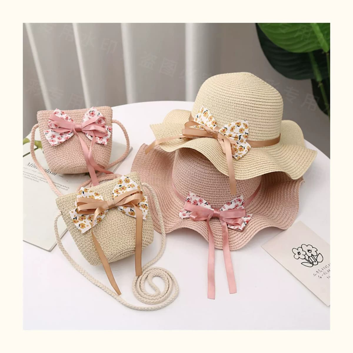 キッズ／親子 帽子 ふんわりリボン付き親子麦わら帽子セット｜花柄リボン＆ミニバッグ付き