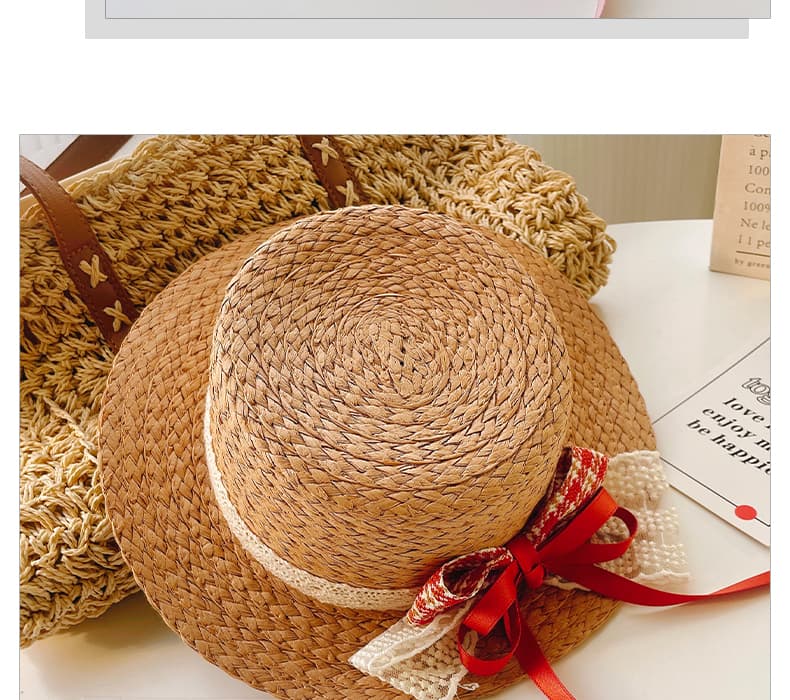 キッズ 帽子 リボン飾り付き夏のお姫様麦わら帽子｜天然素材＆通気性バツグン