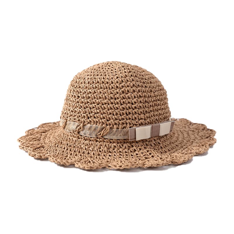キッズ 帽子 優しい波形ブリム 手編み麦わら帽子｜波型つば＆リボン付き