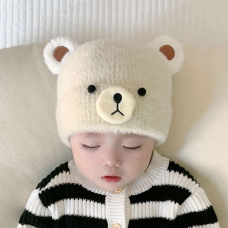 キッズ帽子 もこもこくまさん耳付きベビーニット帽｜40-47cm／-3〜18か月