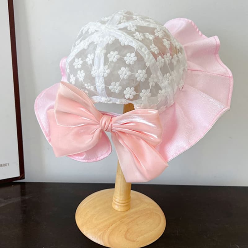 キッズ 帽子 お花レース＆フリルリボンバケットハット｜夏用 日よけ＆通気性 子ども用 帽子 