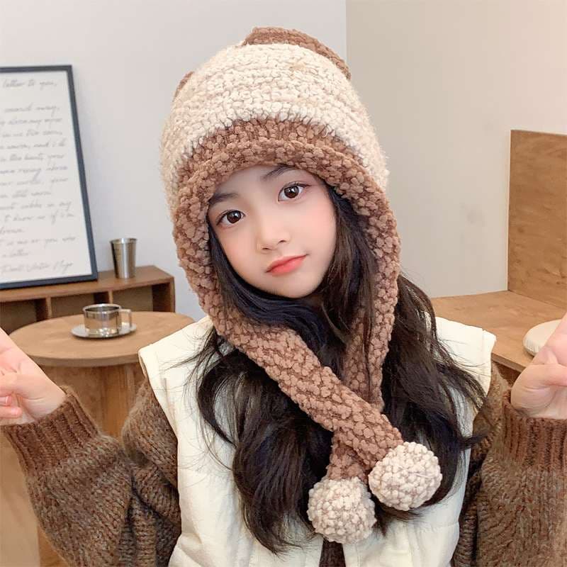 キッズ帽子 長い耳当てがチャームポイント ふわもこニット帽子