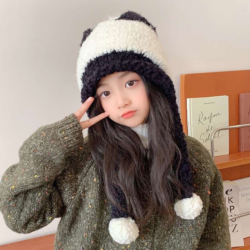 キッズ帽子 長い耳当てがチャームポイント ふわもこニット帽子